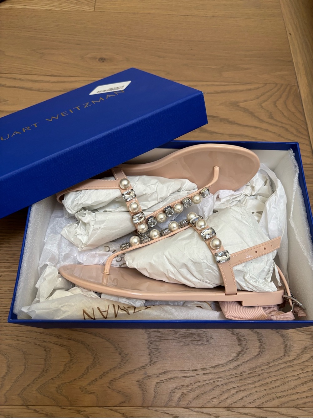 Stuart Weitzman Blush Pearl & Crystal T-Strap Jelly Sandals